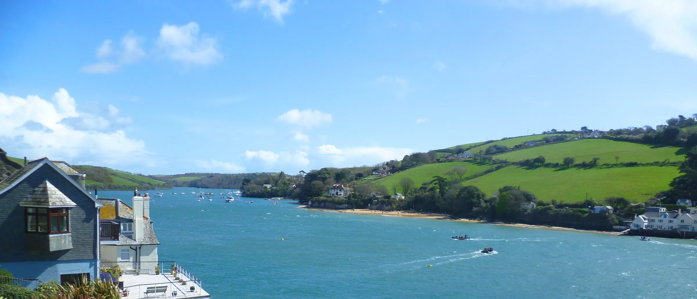 The Salcombe estuary looking seaward, with Mill Bay on the far shore